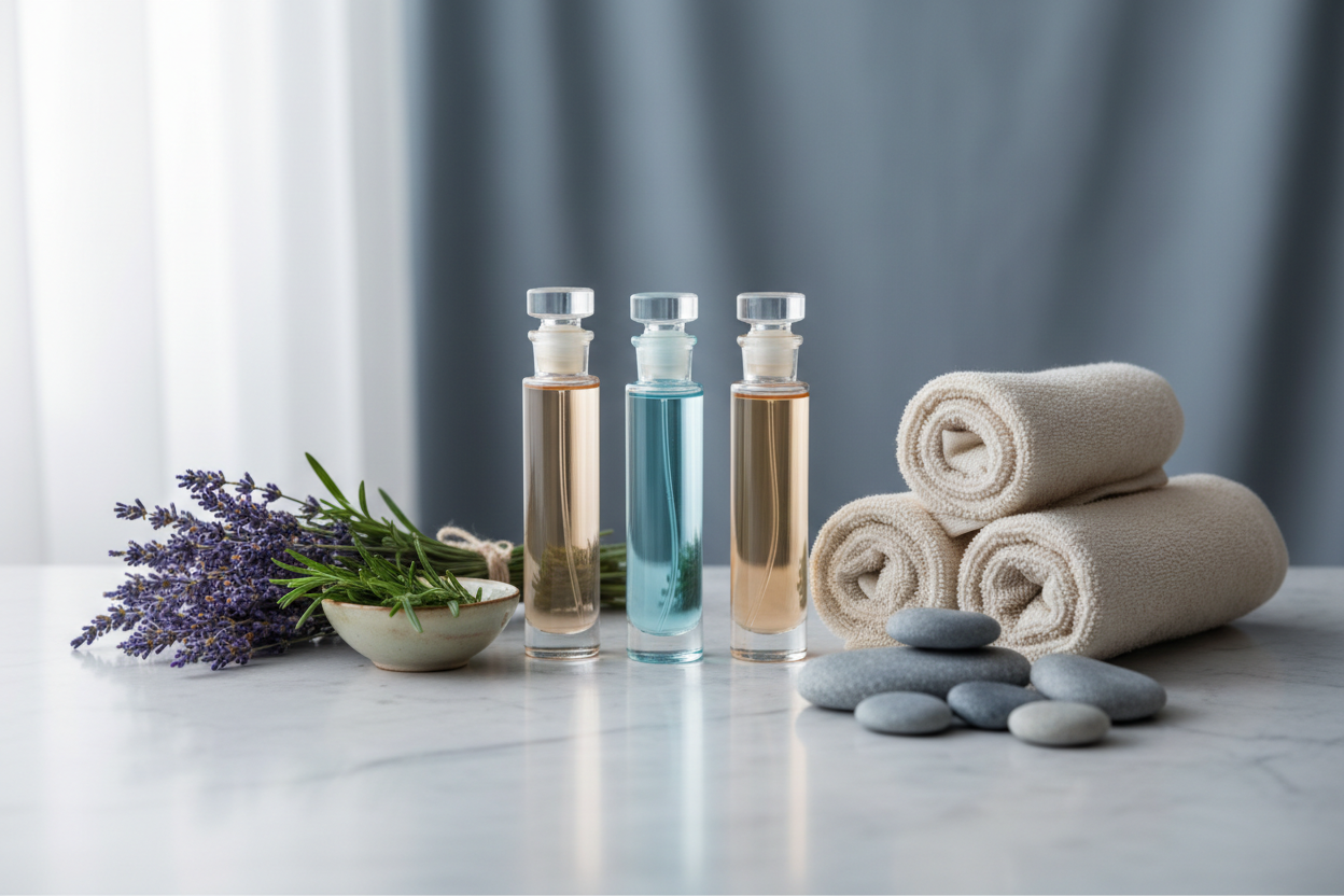 Create a header image for a page name Fragrance and it should be according to the colors of the theme that is #A6BFC7 and it should contain some perfumes, herbs, stones and towels and does not contain any text