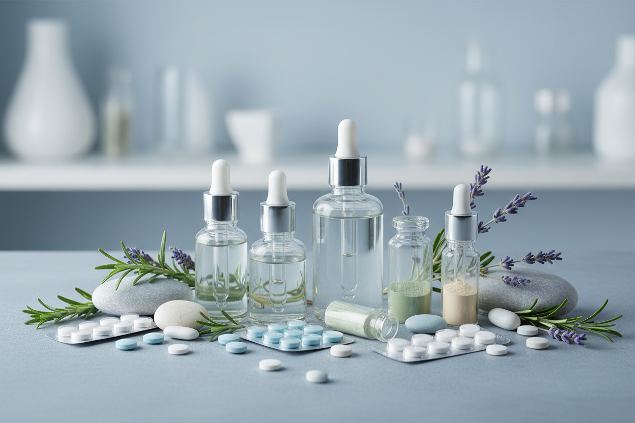 Create a header image for a page name Hair Care and it should be according to the colors of the theme that is #A6BFC7 and it should contain some medicines, tablets, herbs, stones and glass bottles and does not contain any text