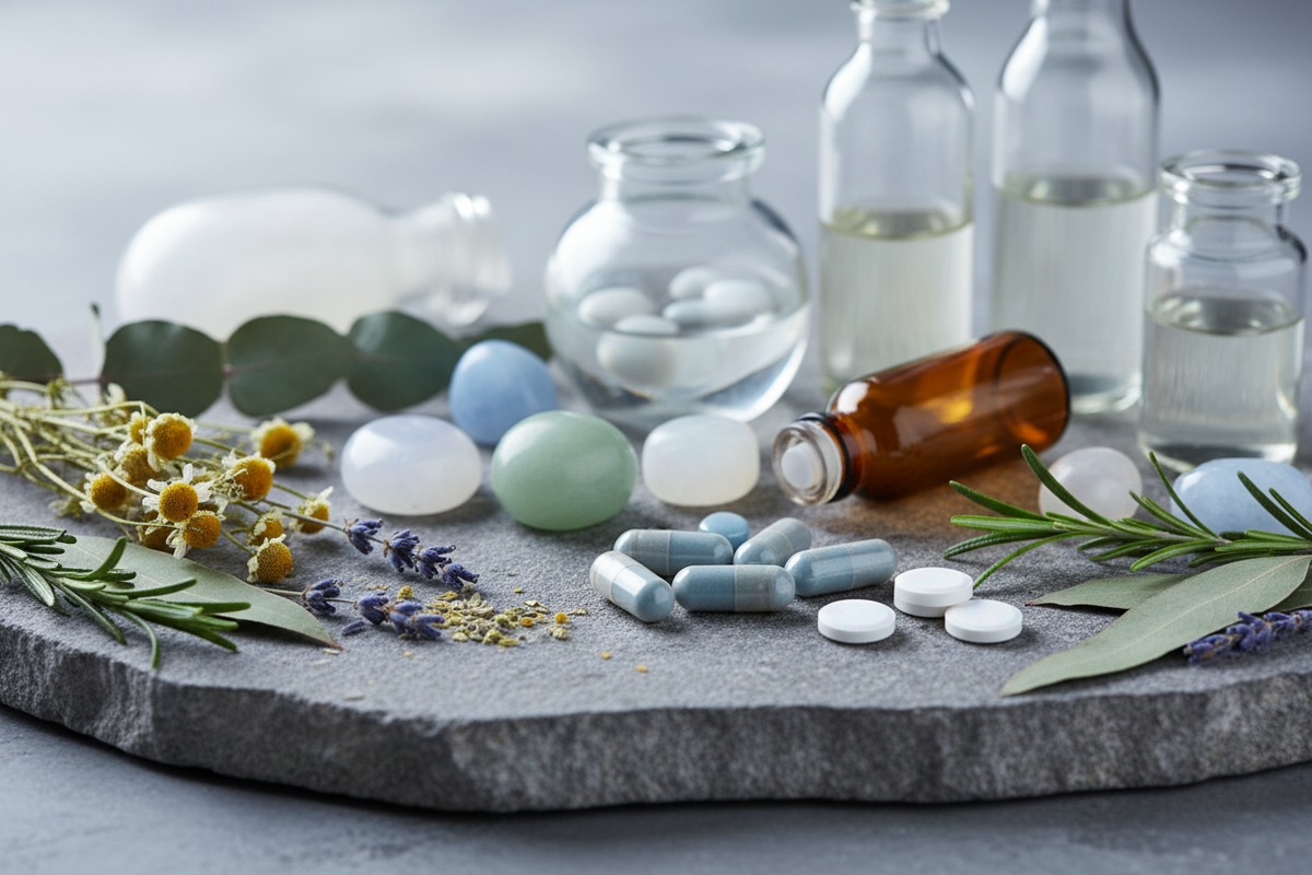 Create a header image for the about us page and it should be according to the color of the theme that is #A6BFC and it should contain some medicines, herbs, stones, glass bottles and does not contain any text and add slab to the background