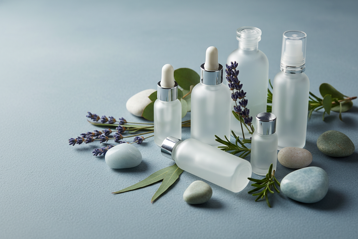 Create a header image for the heath beauty product page and it should be according to the color of the theme that is #A6BFC7 and should not contain any text and have medicines with glass bottles, hers and stones