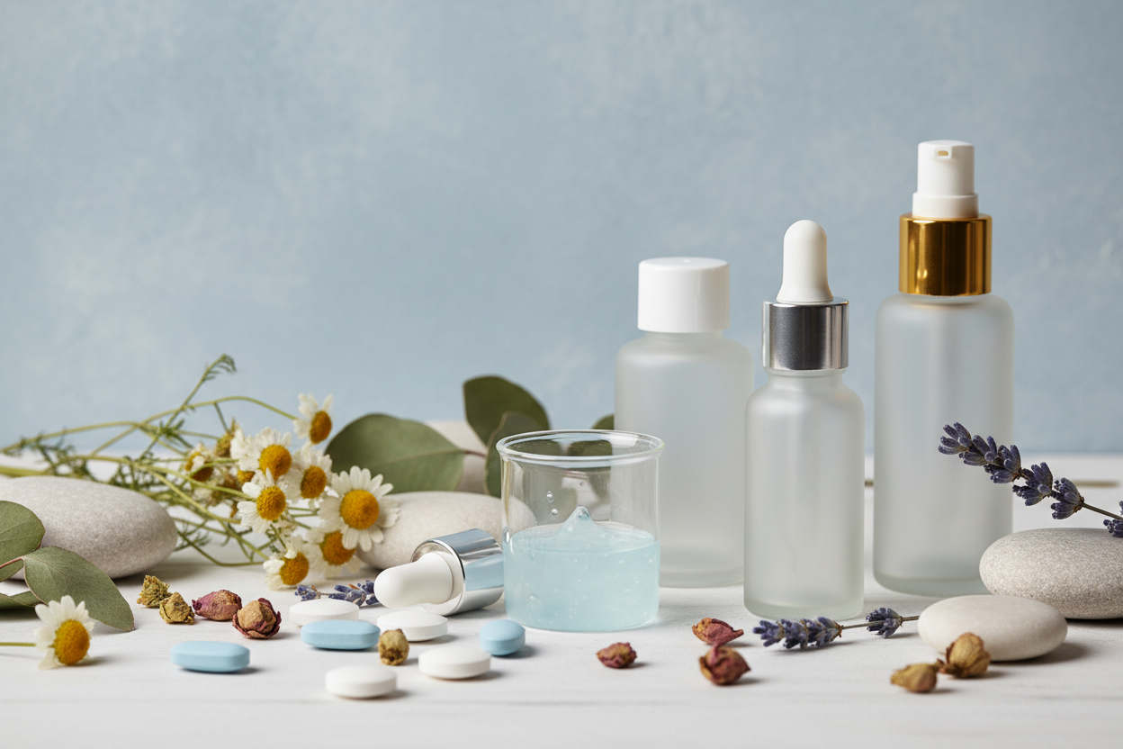 Create a header image for the page name Breast Cream and it should be acording to the color of the theme that is #A6BFC7 and it should contain some medicines, tablets, herbs, stones and glass bottles and does not contain any text