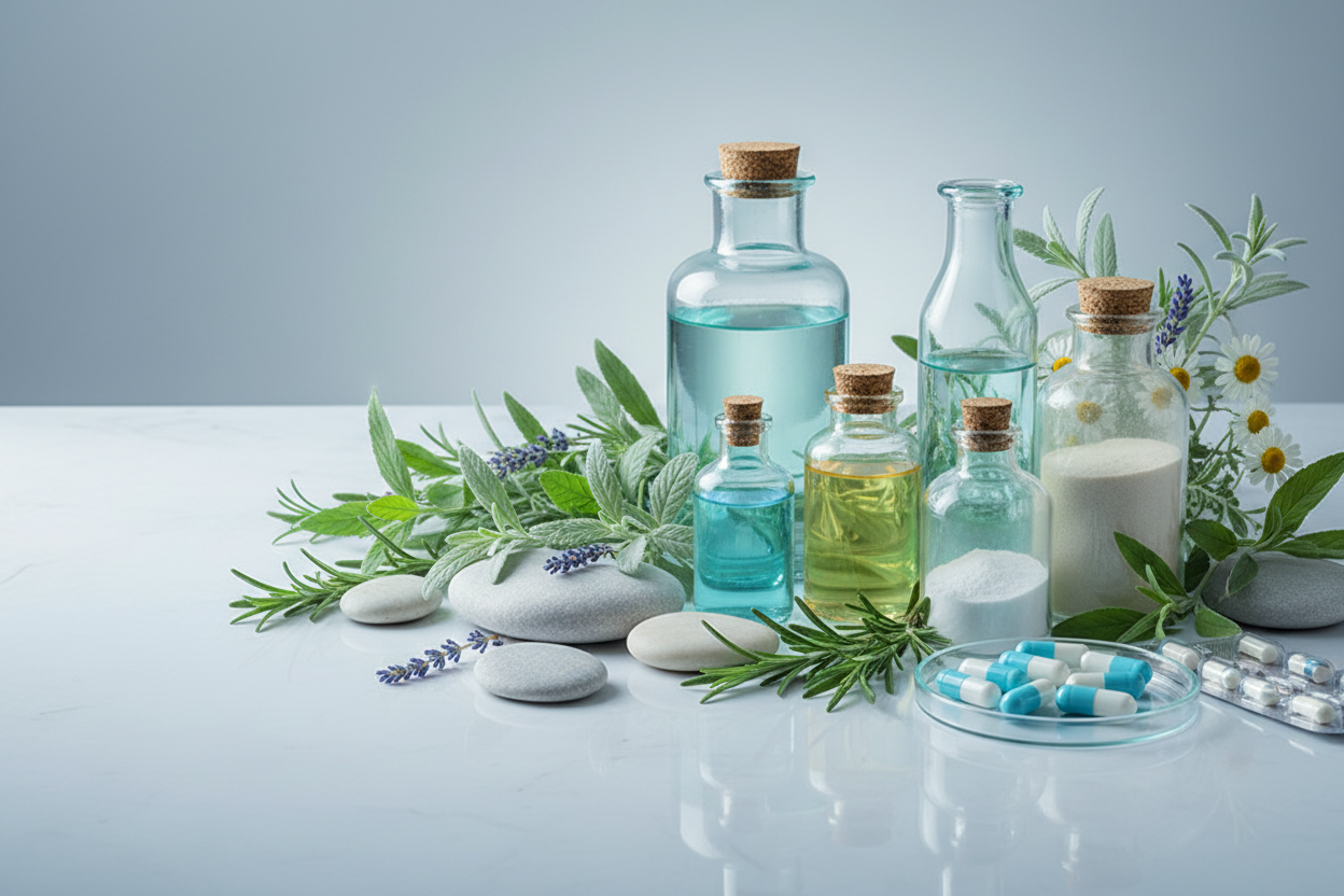 Create a header image for the page name Breast Enlargement and it should be according to the theme color that is #A6BFC7 and it should contain medicines, herbs, glass bottles, stones and does not contain any text