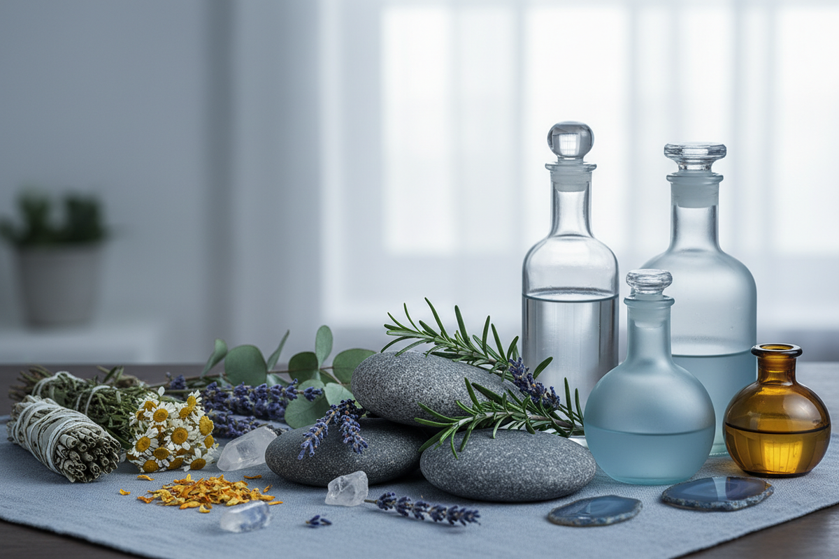 Create a header image for the page name our mission and it should be according to the colors of the the theme that is #A6BFC7 and it should contain medicines, stones, herbs, glass bottles and does not contain any text