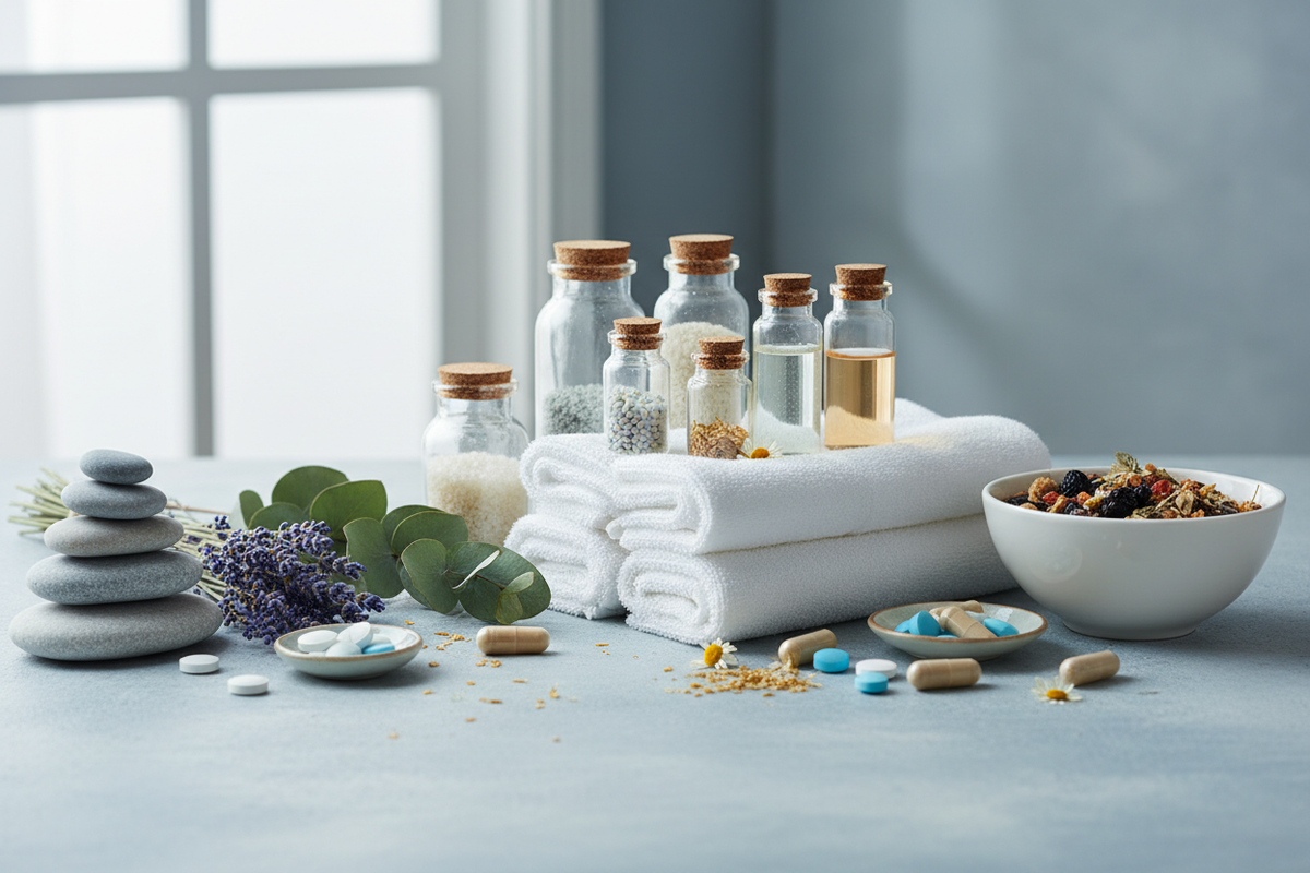 Create a header image for the page name our vision and it should be according to the colors of the the theme that is #A6BFC7 and it should contain medicines, stones, herbs, towels, glass bottles and does not contain any text