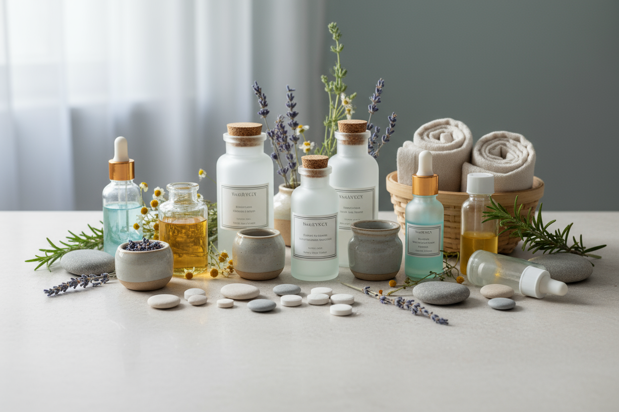 Create a header image for the page name Persona care and it should be acording to the color of the theme that is #A6BFC7 and it should contain some medicines, tablets, herbs, stones and glass bottles and does not contain any text