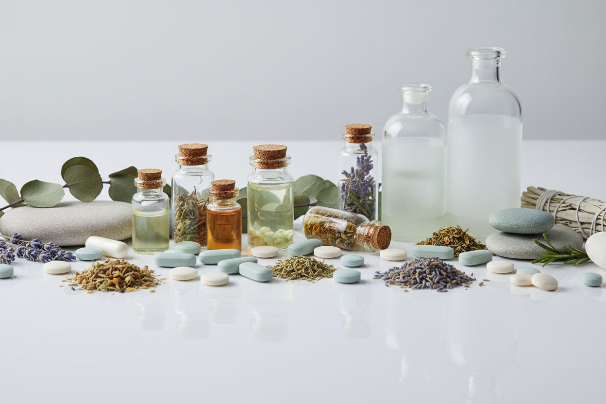 Create a header image for the page name Supplements and it should be acording to the color of the theme that is #A6BFC7 and it should contain some medicines, tablets, herbs, stones and glass bottles and does not contain any text