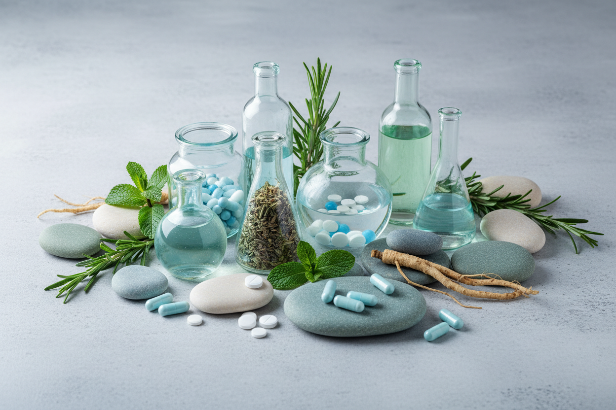 Create a header image for the page name Weight Loss and it should be according to the theme color that is #A6BFC7 and it should contain medicines, herbs, glass bottles, stones and does not contain any text and add slab to the backgroun