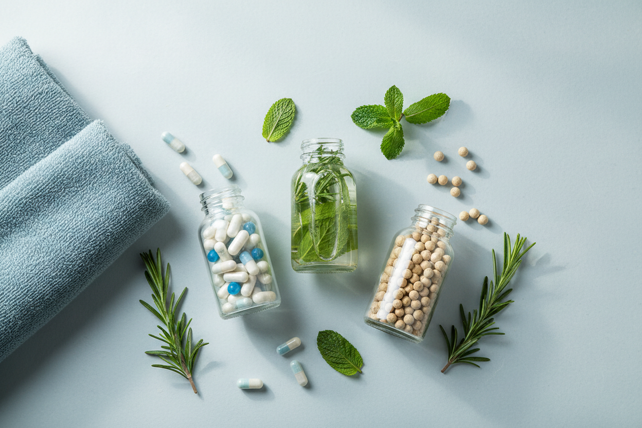 Create a header image for the well being product page and it should be according to the color of the theme that is #A6BFC7 and should not contain any text and it should contain capsules in glass bottles, herbs and towel