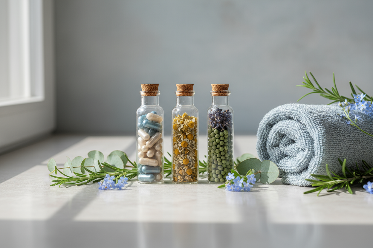 Create a header image for the women beauty product page and it should be according to the color of the theme that is #A6BFC7 and should not contain any text and it should contain capsules in bottles, herbs and towel