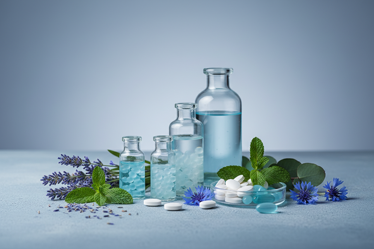 Create a image for the collections page name diblong products and it shoud be according to the color of the theme that is #A6BFC7 and should contain some medicines, herbs and glass bottles and does not have any text