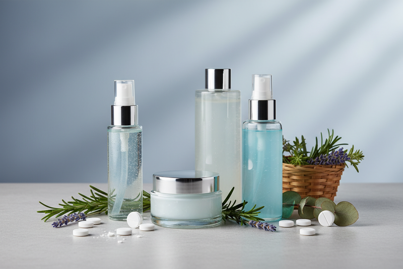 Create a image for the collections page name Hair Care and it shoud be according to the color of the theme that is #A6BFC7 and should contain tablets, herbs and glass bottles and does not have any text