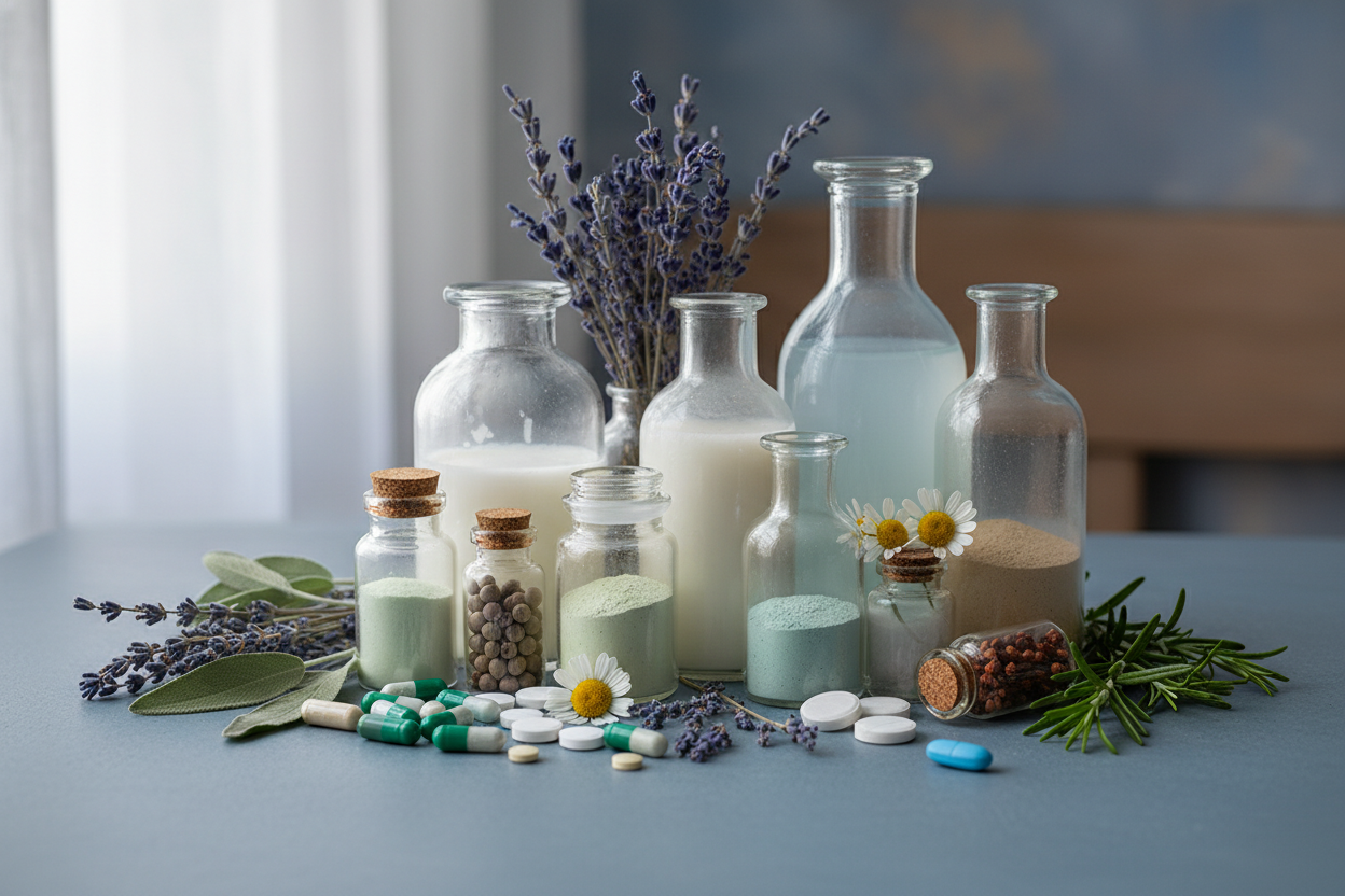 Create a image for the collections page name height growth and it shoud be according to the color of the theme that is #A6BFC7 and should contain medicines, herbs and glass bottles and does not have any text