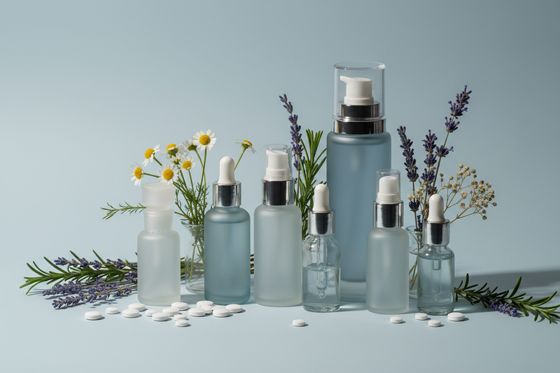 Create a image for the collections page name Skin Care and it shoud be according to the color of the theme that is #A6BFC7 and should contain tablets, herbs and glass bottles and does not have any text