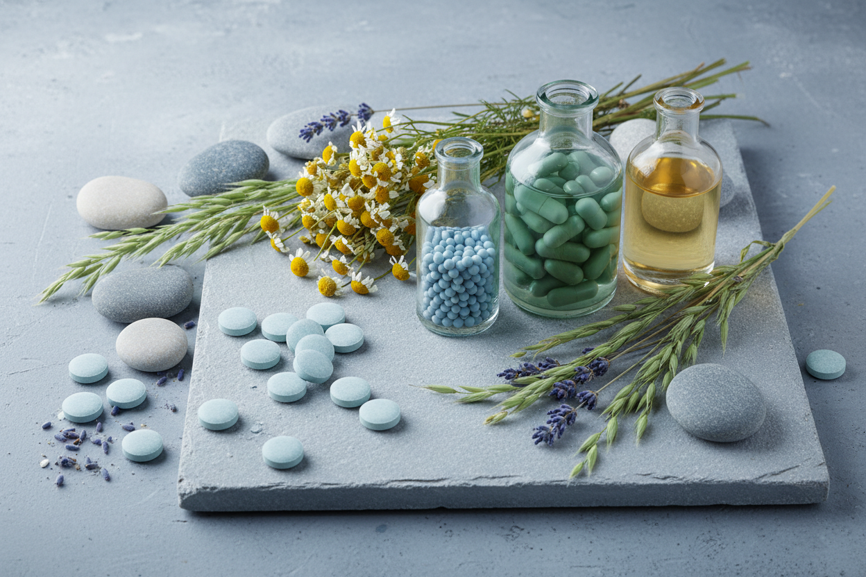 Create a image for the collections page name Weight Gain and it shoud be according to the color of the theme that is #A6BFC7 and should contain tablets, herbs, stones, and glass bottles and does not have any text with slab in background