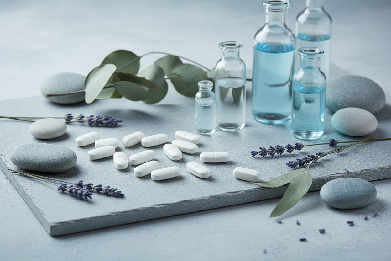 Create a image for the collections page name Weight Gain and it shoud be according to the color of the theme that is #A6BFC7 and should contain tablets, herbs, stones, and glass bottles and does not have any text with slab in the background