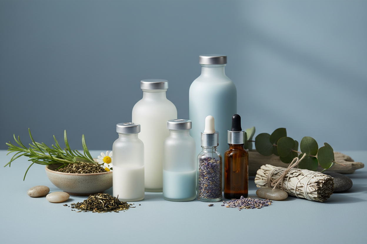 Create a image for the collections page name women secret and it shoud be according to the color of the theme that is #A6BFC7 and should contain some medicines, herbs and bottlesa and does not have any text