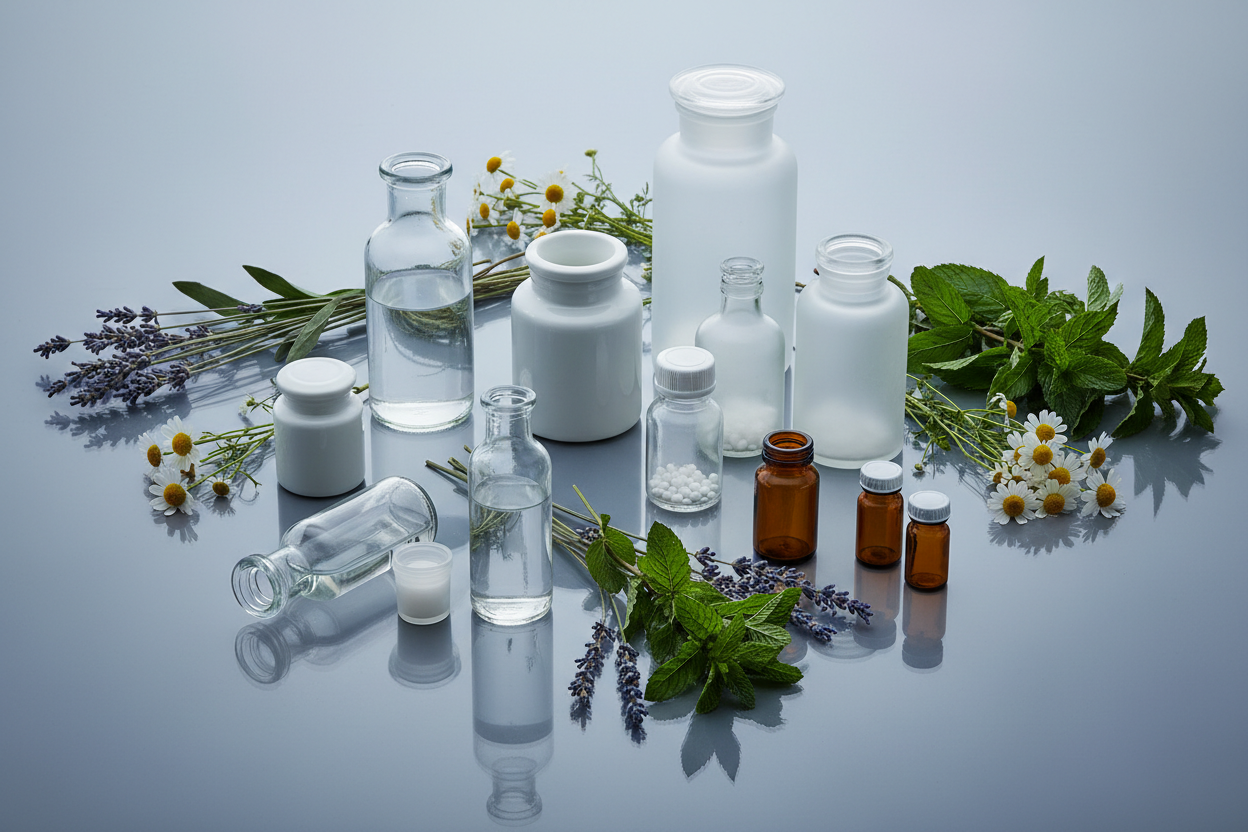 Create a image for the collections page name womens fashion and it shoud be according to the color of the theme that is #A6BFC7 and should contain some medicines, bottles and herbs and does not have any text